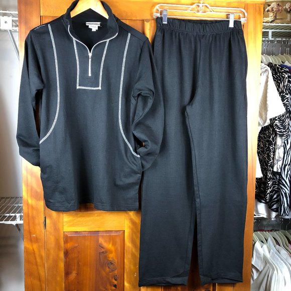 NEW CW Classics Cozy Black Cotton Blend French Terry 2 Piece Set Athleisure - Picture 1 of 16